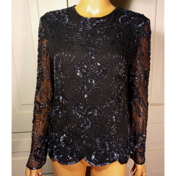 Vintage beaded silk sequined trophy top Sténay S M - Picture 3 of 10